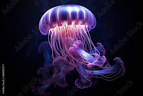 The concept of the underwater world and the ecology of the ocean. Beautiful glowing jellyfish at depth