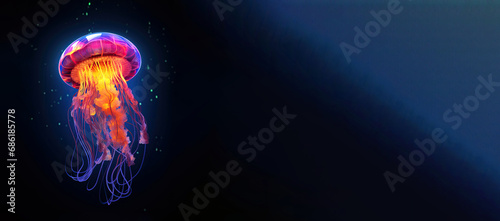 Concept of the underwater world. Beautiful glowing jellyfish at depth