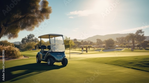 A day at a resort golf course, nice weather, beautiful course layout. Golf cart in front, golfers walking to the green, blurred human motion