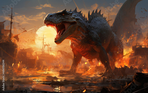 Tyrannosaurus rex dinosaur attack the city.