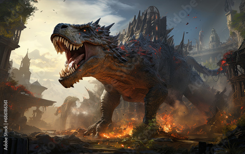 Tyrannosaurus rex dinosaur attack the city. © hugo