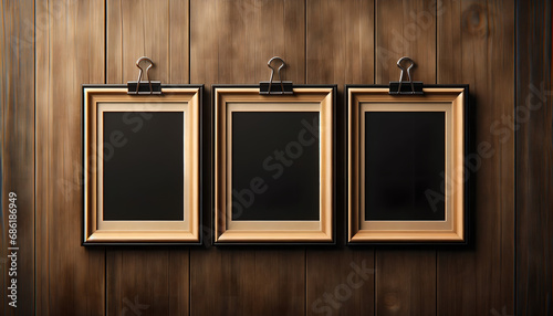 Three Gold-Trimmed Frames on an Elegant Wooden Background, Interior Design Concept Art, Generative AI