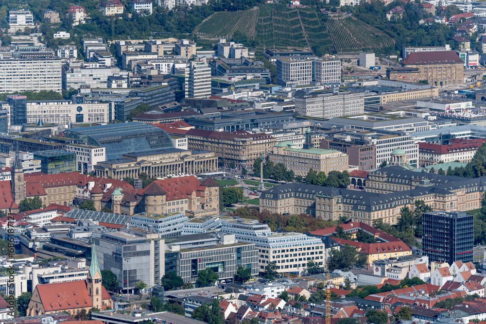 aerial cityscape with old and new Castles from TV-tower, Stuttgart, Germany