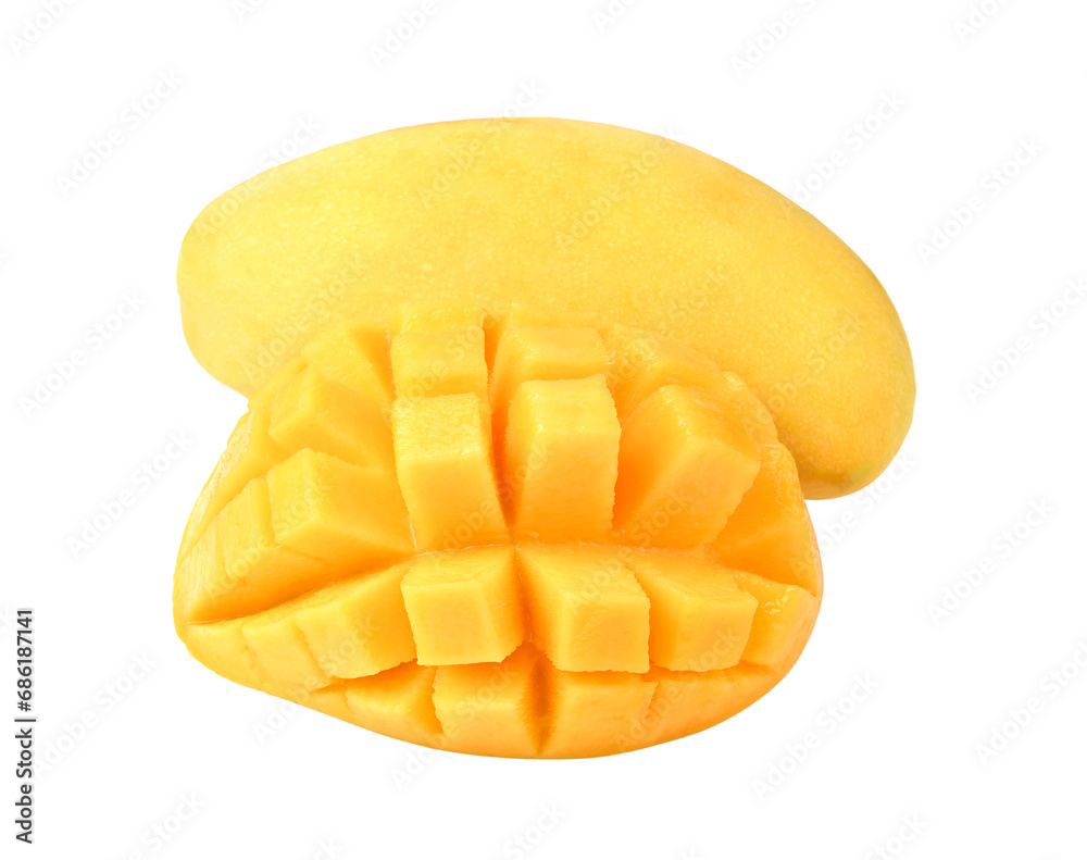 Ripe mango slice cut in cube on transparent png Ripe mango slice cut in cube on transparent png