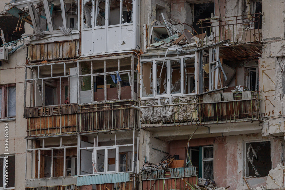 Residential building destroyed by military actions in Ukraine.