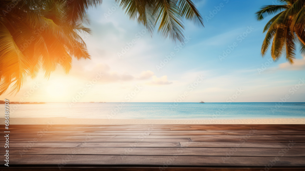 Empty table, sea and palm trees, sunset Empty table, sea and palm trees, sunset