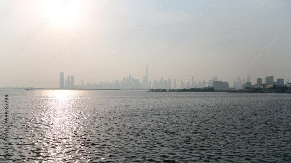 Panoramic View of Dubai Skyline from Dubai Creek Harbor in 4K Panoramic View of Dubai Skyline from Dubai Creek Harbor in 4K