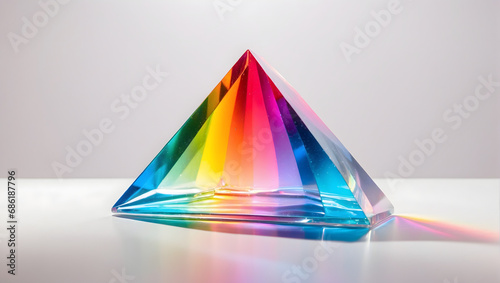 A prism refracting light into a spectrum of vivid colors against a pristine white surface, showcasing the beauty of light dispersion. photo
