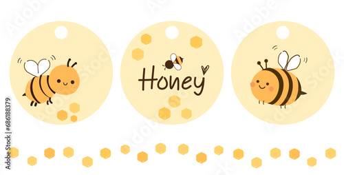 Beehive honey sign with bee cartoon and hand written font on yellow circle tag isolated on white background vector.