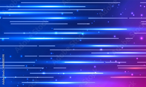 Abstract technology futuristic horizontal glowing light lines background. Dynamic motion speed of light. Beautiful flash of light and spark. Technology velocity movement pattern. Tech Vector EPS10.