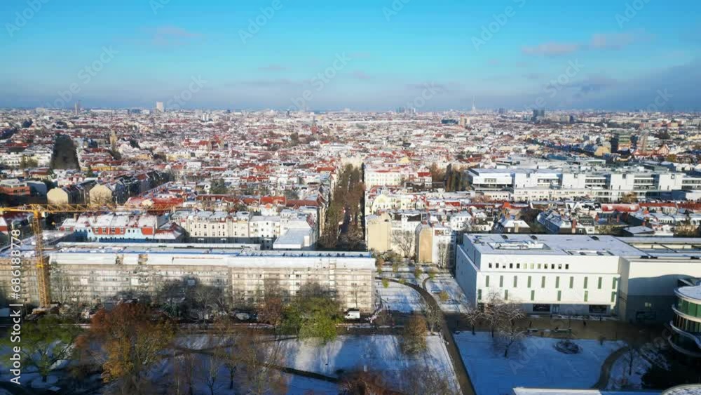 Snow Berlin City sunny winter day Germany. Stunning aerial top view flight drone Snow Berlin City sunny winter day Germany. Stunning aerial top view flight drone
