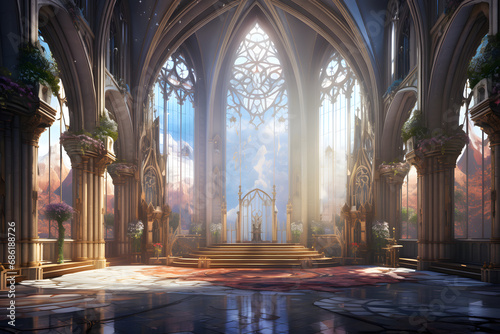 A majestic cathedral inspired by Gothic architecture, with towering spires, intricate stone tracery, and stained glass windows, creating an atmosphere of grandeur and spirituality. Ai Generated.NO.02