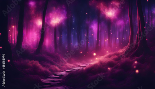 Purple and blue Night fairytale fantasy forest landscape with magical glows Abstract forest