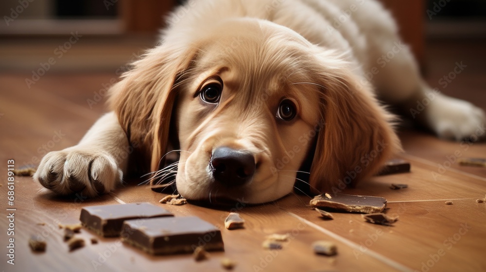 golden retriever puppy lying on floor gazing a piece of chocolate, copy space, 16:9