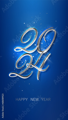 Happy new year 2024 silver numbers with on blue background. Banner for Christmas 9:16. Vector