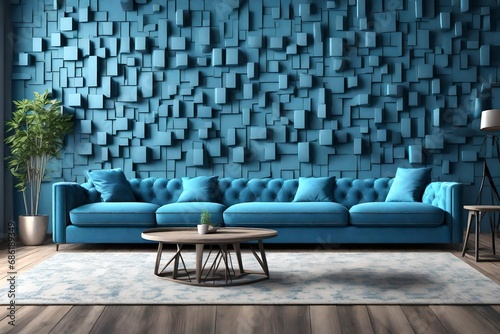 Rock Wall in modern living room interior  sofa color of blue 