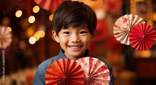 asian boy holding red paper fans