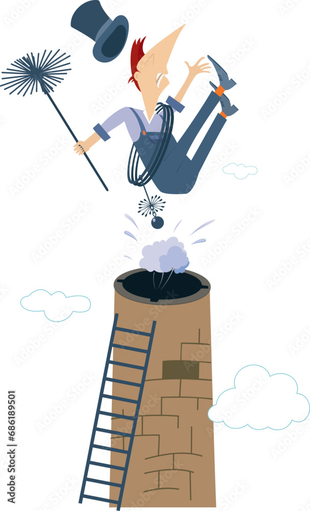 Chimney sweeper, rope, chimney brush, stove pipe. Cartoon chimney sweeper in the top hat with