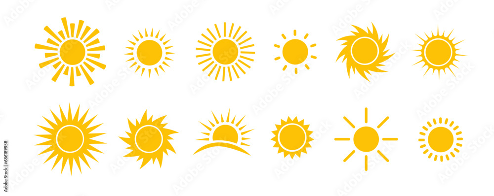 Sun icon vector set. Flat design. Collection of sun stars. Logo or weather icon Sun icon vector set. Flat design. Collection of sun stars. Logo or weather icon