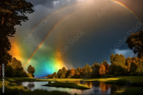 a magnificent rainbow spanning the sky, its vibrant colors painting a mesmerizing arc after a refreshing rain shower.