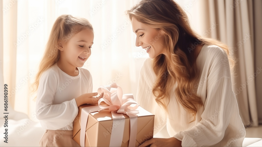 Mother's Day Congratulations. Loving little girl surprised her mom with a gift box. Celebrating birthday or Mother's Day at home. Smiling mom gives a gift to her happy daughter. Surprise, present Mother's Day Congratulations. Loving little girl surprised her mom with a gift box. Celebrating birthday or Mother's Day at home. Smiling mom gives a gift to her happy daughter. Surprise, present