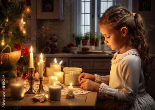 family of a young girl in her kitchen lighting candles at christmas dinner