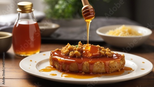 A plate of food with sauce on it and a bottle of honey