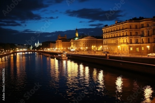 river in night in big city