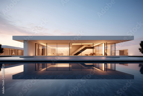 Modernist Minimalism: A sleek building with clean lines, large windows, and a minimalist aesthetic, epitomizing simplicity and functionality. Ai Generated.NO.02 © ZWDQ