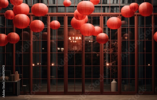 red chinese lanterns hanging on a window.