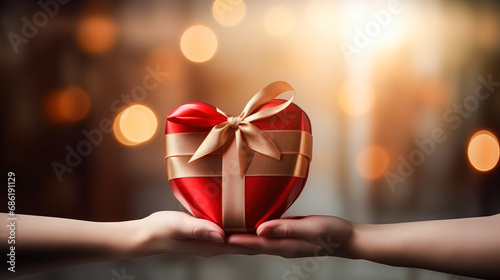 Present for St. Valentine's Day. Two hands delicately presenting a gift box in heart shape with a red ribbon bow. Love, lgbt concept. Close up. Valentine's day or Mother’s day greeting card. photo