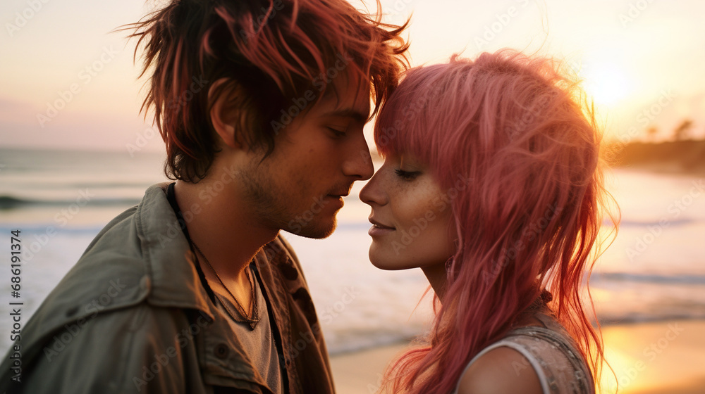 modern young couple kissing and hugging at sunset, gen z man and woman with colored hair kiss and embrace portrait modern young couple kissing and hugging at sunset, gen z man and woman with colored hair kiss and embrace portrait