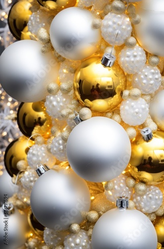 gold disco balls on a white christmas tree