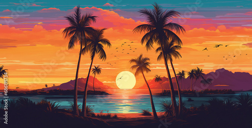 album cover summer vibes palm trees beach sunset on the beach. Generative Ai content