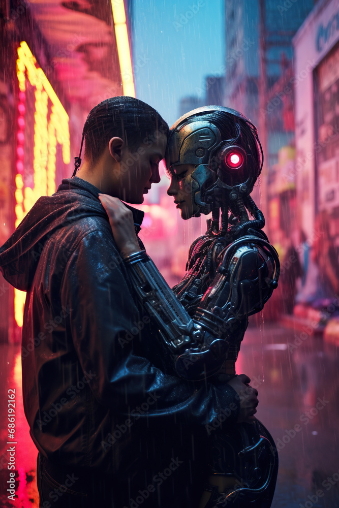 human and robot couple love and hug, robotic man and woman embrace and kiss, relationship of human and machine, artificial intelligence concept human and robot couple love and hug, robotic man and woman embrace and kiss, relationship of human and machine, artificial intelligence concept