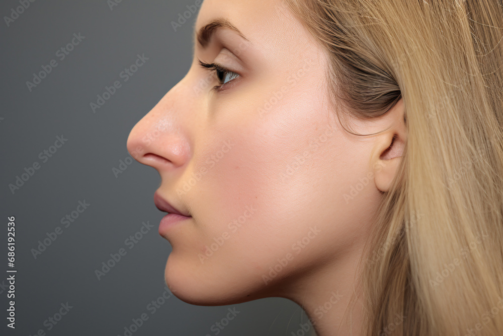 Side view of young woman with bumpy aquiline nose Side view of young woman with bumpy aquiline nose