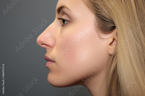 Side view of young woman with bumpy aquiline nose photo