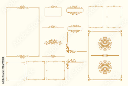 Set Of Golden Vintage ornament with border, frame, crown, ornate,  mandala and luxury elements, suitable for vintage design or wedding invitation card © Maryam Hamila