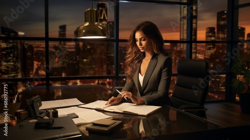 Determined woman working overtime in a corporation at night 