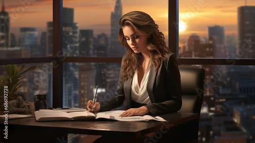 Determined woman working overtime in a corporation at night 