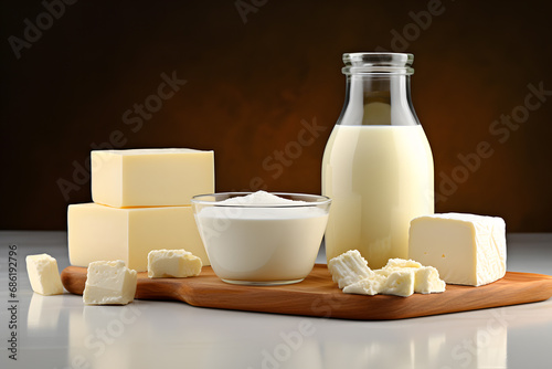 Various dairy products like milk, butter and cheese on wooden board