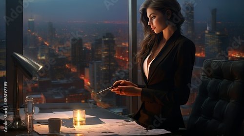 Determined woman working overtime in a corporation at night 
