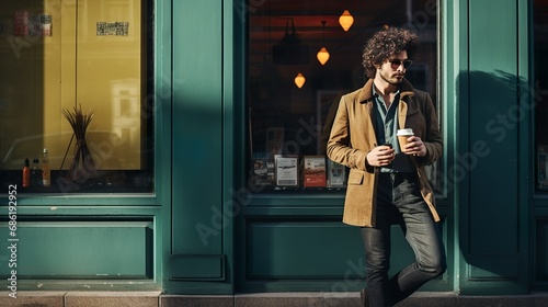 Businessman holding coffee in a hipster district of a city 