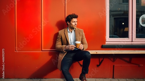 Businessman holding coffee in a hipster district of a city 
