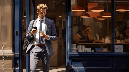 Busy handsome man standing in front of a café in a suit 