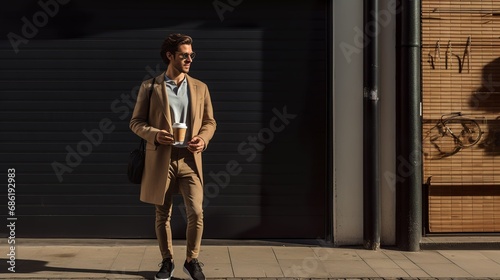 Busy handsome man standing in front of a café 
