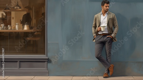 Busy handsome man standing in front of a café 