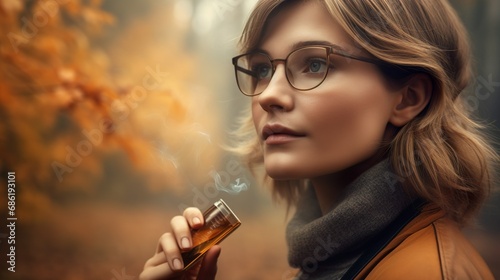 Chic beautiful model with perfume in cozy fall weather 