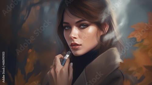 Chic beautiful model with perfume in cozy fall weather 