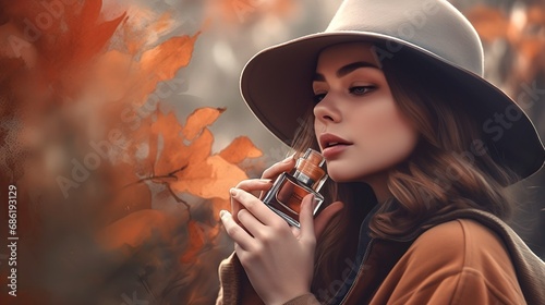 Chic french style woman with a perfume in autumn 